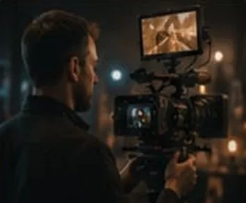 Vidéaste derrière sa caméra sur un tournage